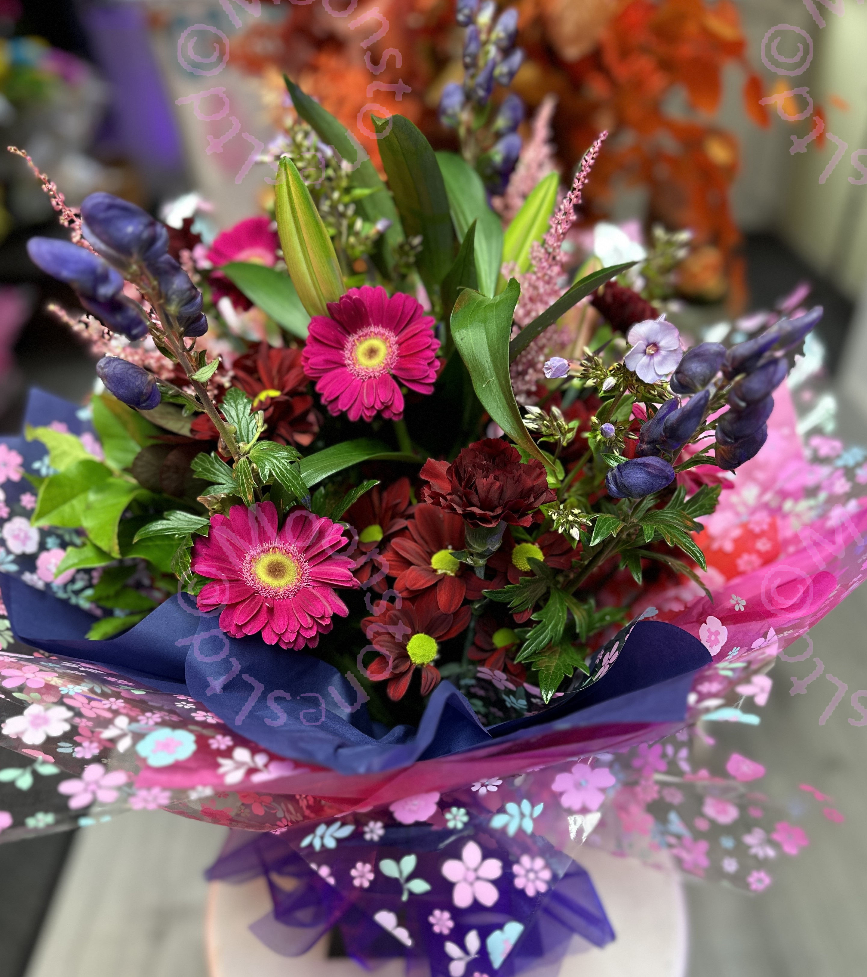 rich colour hand tied bouquet, fareham florist